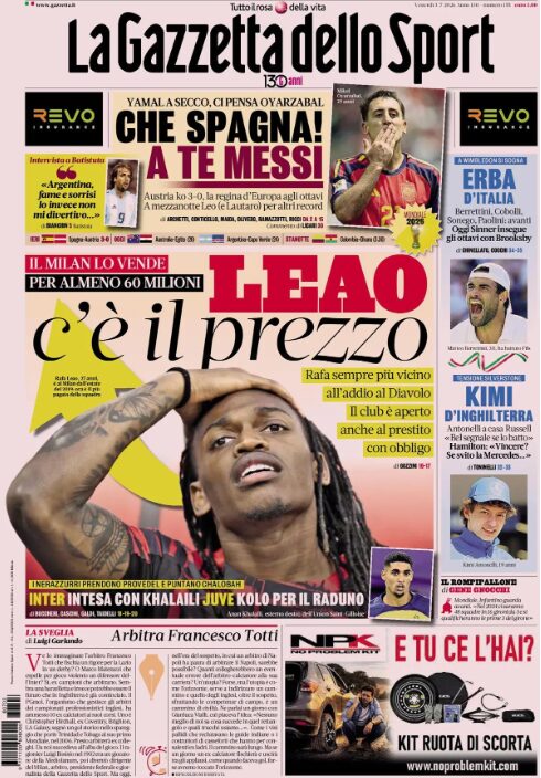 The front pages of sports newspapers: Serie A between young talents...