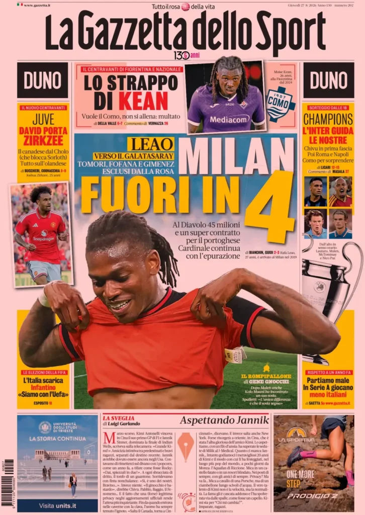 The front pages of the sports newspapers: Milan, Leao says...